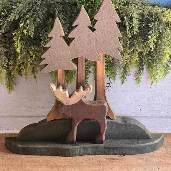Wood Moose Tree Silhouette Figure Primitive Cabin Decor - Picture 4 of 5